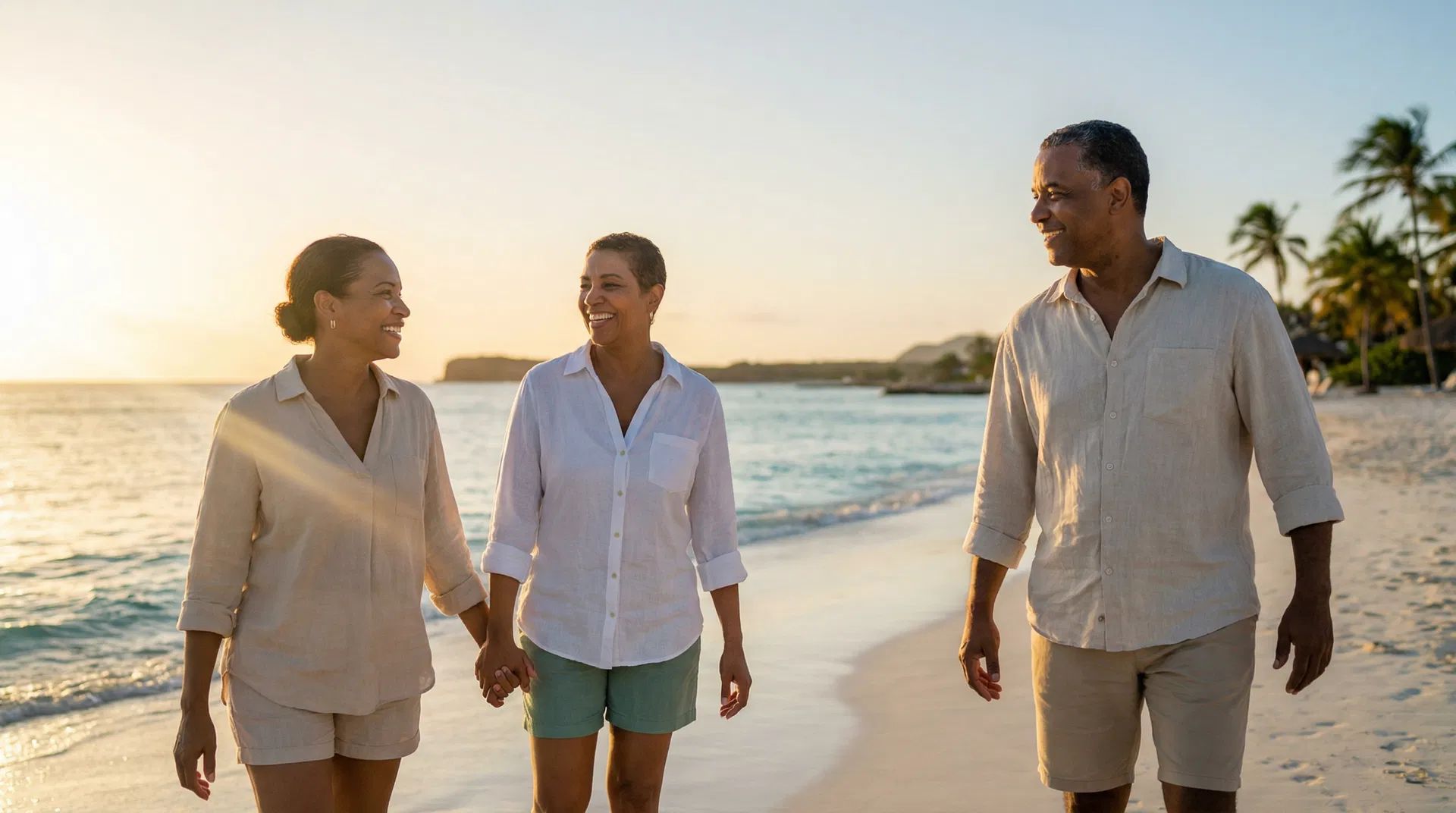 Happy couple walking together on an Aruba beach at golden hour